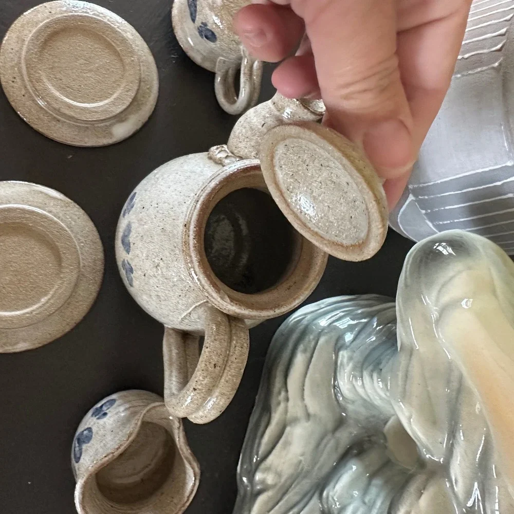 VTG Rowe Pottery Miniature Tea Set Salt Glazed Stoneware Blue Heart Cottagecore